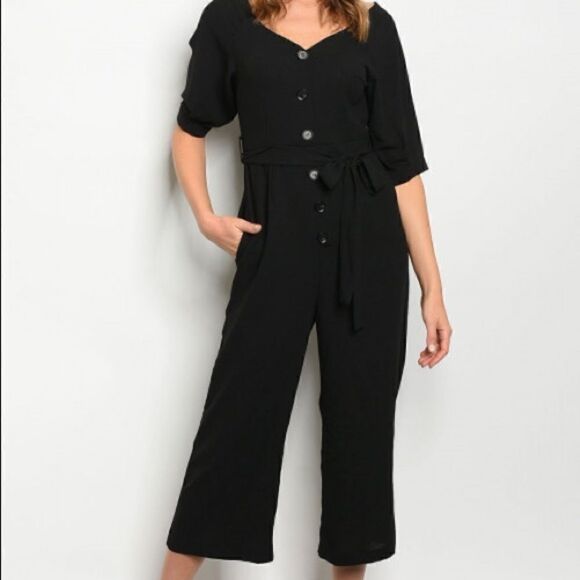 Gilli Short Sleeve Black V-Neck Button Jumpsuit - Picture 1 of 5
